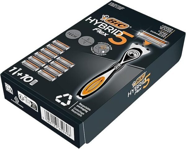 BIC Hybrid 5 Flex Refillable Men's Razor, 1 Weighted Handle and 10 Nano-Tech Titanium