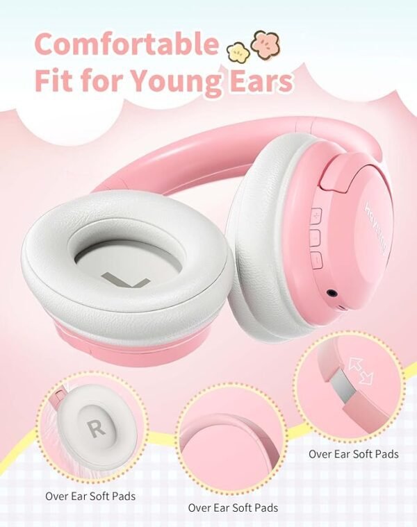 HEYSONG Bluetooth Headphones for Kids, Foldable Wireless Over-Ear Bluetooth 5.3, Built-in Microphone - Pink