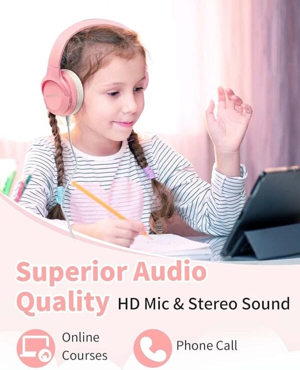 HEYSONG Bluetooth Headphones for Kids, Foldable Wireless Over-Ear Bluetooth 5.3, Built-in Microphone - Pink