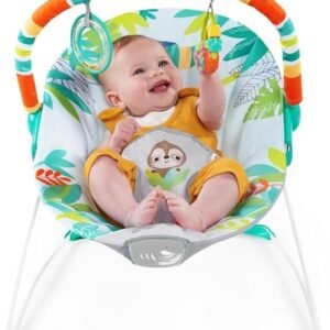 Bright Starts Baby Bouncer Soothing Vibrations Infant Seat - Removable Toy Bar, Nonslip Feet, 0-6 Months Up to 20 lbs (Rainforest Vibes)