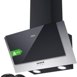 CIARRA CBCB6736C Angled Cooker Hood 60cm with CBCF002X2 Carbon Filters Recirculating & Ducting LED Lights Black Painting&Tempered Glass Wall Mounted Range Hood 600mm Kitchen Extractor Fan