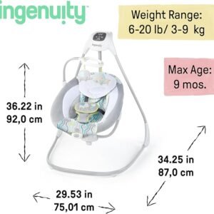 Ingenuity SimpleComfort Lightweight Compact 6-Speed Multi-Direction Baby Swing, Vibrations & Nature Sounds, 0-9 Months 6-20 lbs (Everston)