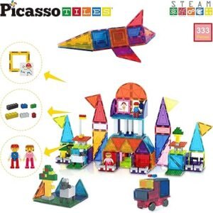 PicassoTiles 333pcs Magnetic Brick Tile and Magnetic Tile Combo Set, Action Figures included, Building Blocks STEM Toys