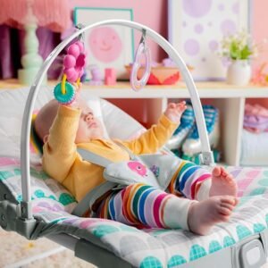 Bright Starts Rosy Rainbow Infant to Toddler Rocker with Vibrations, Baby Seat for Girl or Boy, Newborn +