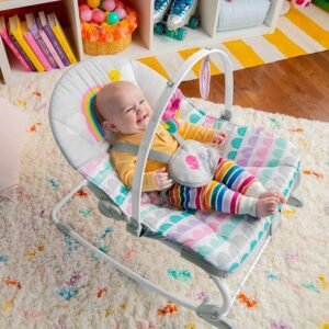 Bright Starts Rosy Rainbow Infant to Toddler Rocker with Vibrations, Baby Seat for Girl or Boy, Newborn +