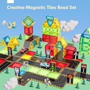 hahaland 62 PCS Magnetic Tiles Road Toppers Set for Kids Ages 3-5, Magnetic Building Blocks with Cars Toys for 3 Year Old Boys and Girls