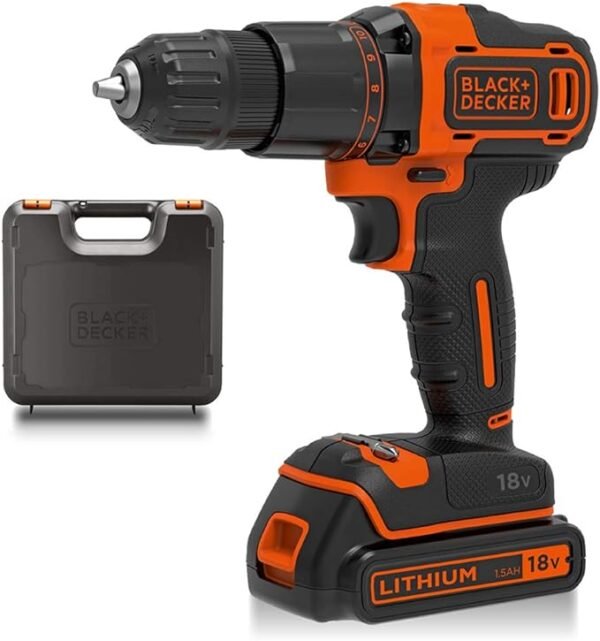 BLACK+DECKER 18 V Cordless 2-Gear Combi Hammer Drill Power Tool with Kitbox, 1.5 Ah Lithium-Ion, BCD700S1K-GB , Orange