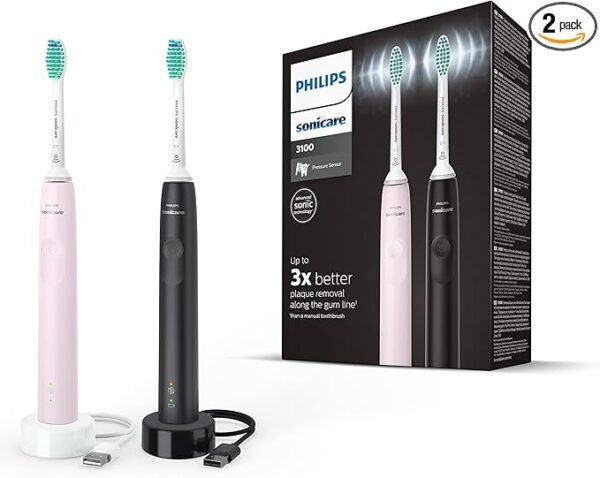 Philips Sonicare 3100 Series Sonic Electric Toothbrush (Dual Pack)Black and Sugar Rose (Model HX3675/15)