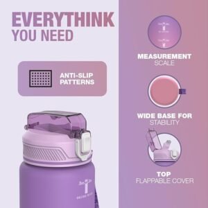 HOMEEX 1L (32oz) Motivational Water Bottle, BPA-free Sports Water Bottle with Time Marker - Quotes - One-Click Technology Ideal for Jogging, Hiking, Office, School, Adults, Children (Purple & Pink)