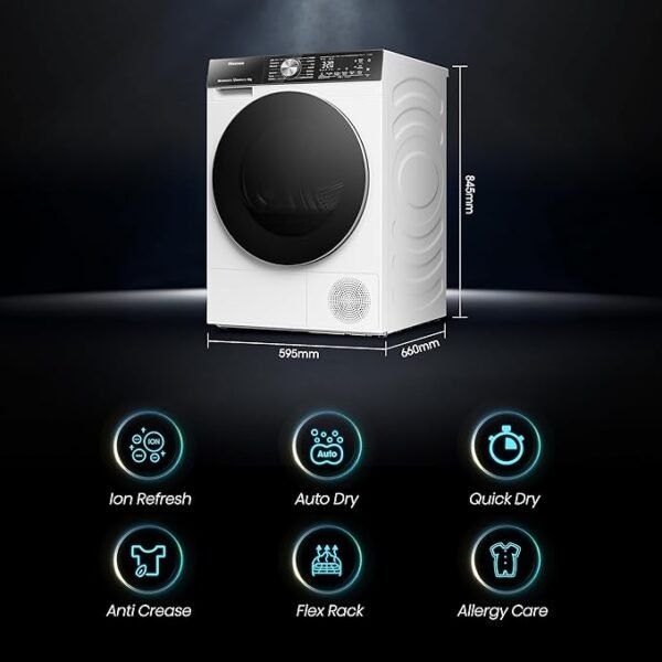 Hisense 5 Series DH5S102BW 60cm Freestanding 10KG Heatpump Front Load Tumble Dryer with WiFi Enabled - 17 Programmes - Auto dry- Steam Refresh - Allergy Care White A+++ Rated [Energy Class A]