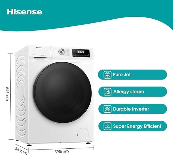 Hisense WDQA8014EVJM 60cm Freestanding 8 KG Front Load Washer Dryer - 1400 RPM - Pure Steam - PureJet - Pause and Add - Inverter Motor - White [Energy Class D]