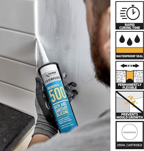 Everbuild Everflex 500 Bath And Sanitary Silicone – Interior And Exterior Application – Anti-Fungal – Quick Curing – Translucent – 295ml Cartridge