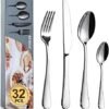 Cutlery Set, BEWOS 32 Piece Stainless Steel Flatware Set, Tableware Silverware Set with Spoon Knife and Fork Set, Service for 8, Dishwasher Safe/Easy Clean, Mirror Polished