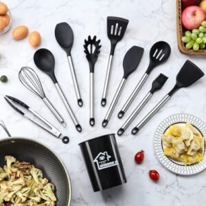 38 Pieces Kitchen Utensils Set, BEWOS Silicone Cooking Utensils Set with Spatula, Utensil Holder and Measuring Spoons, Nonstick Heat Resistant, Black Kitchen Gadgets, Stainless Steel Handle