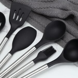 38 Pieces Kitchen Utensils Set, BEWOS Silicone Cooking Utensils Set with Spatula, Utensil Holder and Measuring Spoons, Nonstick Heat Resistant, Black Kitchen Gadgets, Stainless Steel Handle