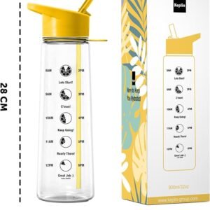 KEPLIN Premium 900ml Water bottle with Straw | BPA-Free, Daily Water Intake Bottle with Time Markings | Leakproof Sports Water Bottle, Ideal for Gym, Office, Cycling & Running (Yellow)