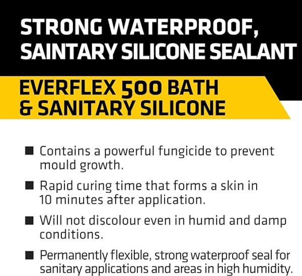 Everbuild Everflex 500 Bath And Sanitary Silicone – Interior And Exterior Application – Anti-Fungal – Quick Curing – Translucent – 295ml Cartridge