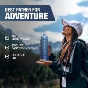 HOMEEX 1L (32oz) Motivational Water Bottle, BPA-free Sports Water Bottle with Time Marker - Quotes - One-Click Technology Ideal for Jogging, Hiking, Office, School, Adults, Children (Blue)